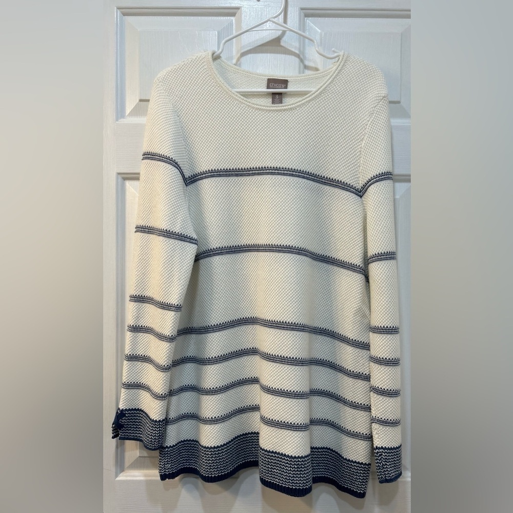 Chico's Nautical Striped Sweater Sz L Cotton Blend Vacation Beachy Coastal Knit